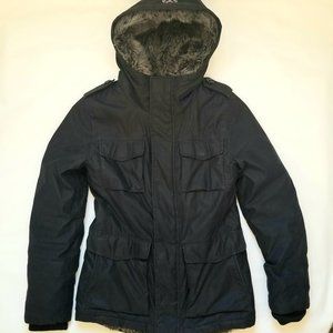 Womens S Aritzia TNA Niseko Black Down Insulated Parka Faux Fur Lined Hood